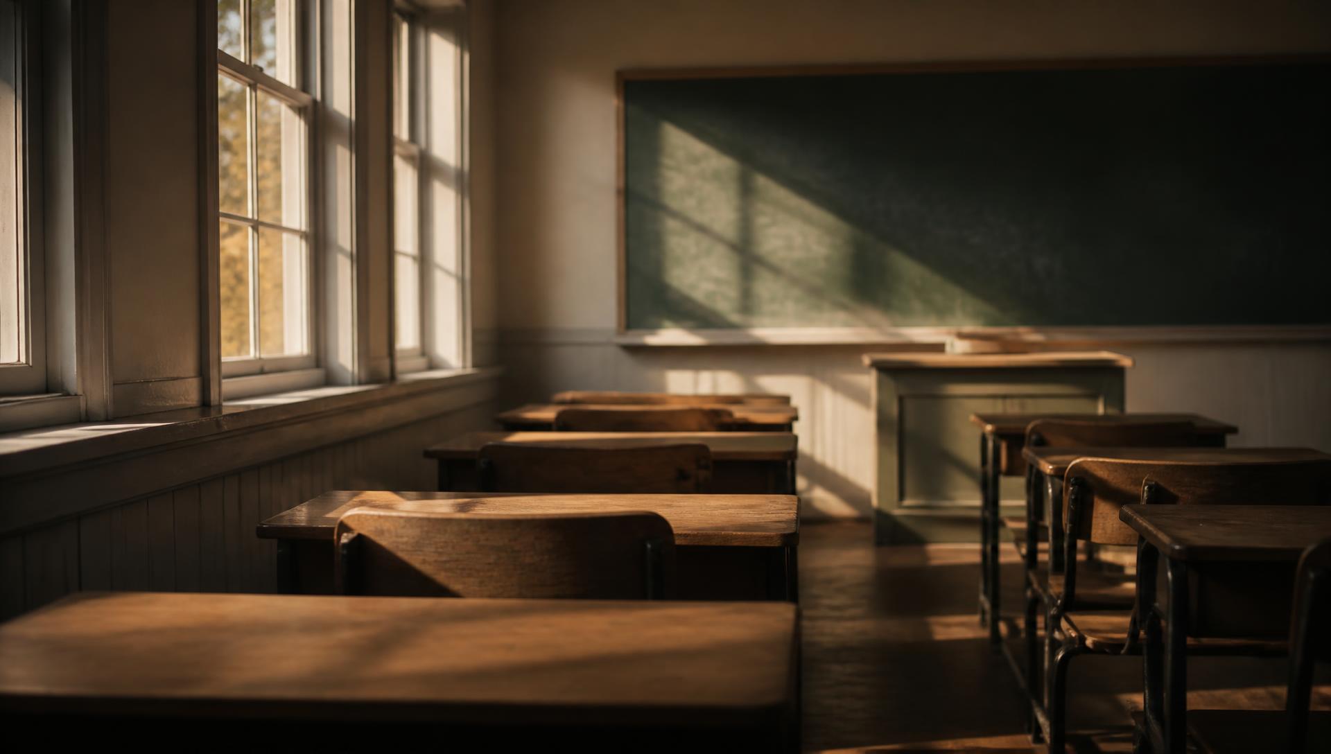 Aula vacía iluminada por la luz de la tarde
