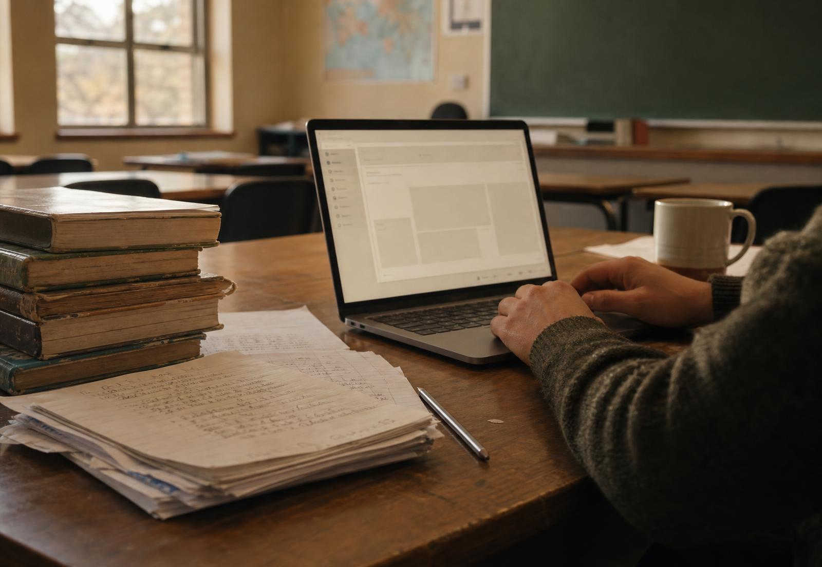 Escritorio de un docente con libros, apuntes a mano y Aulora abierta en la computadora